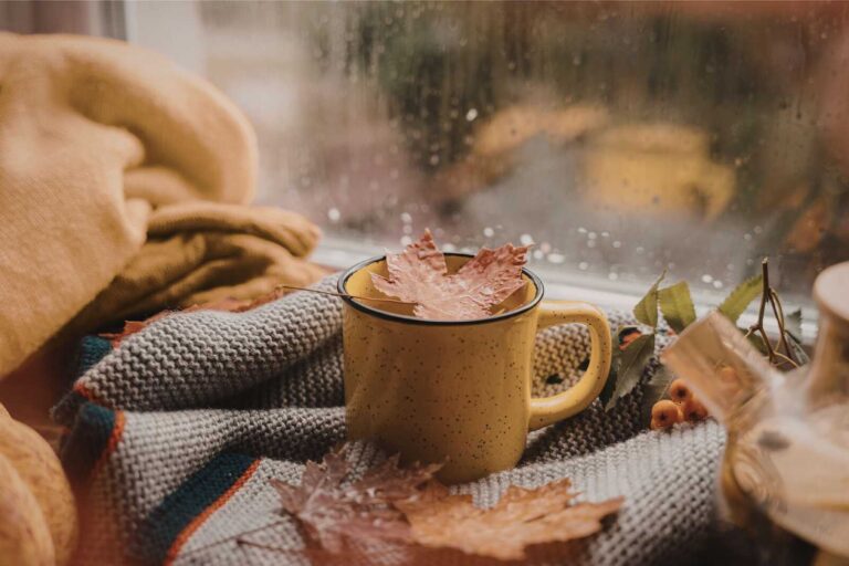 Cozy mug with autumn leaves on a blanket by a rainy window, capturing a peaceful autumn equinox ritual.
